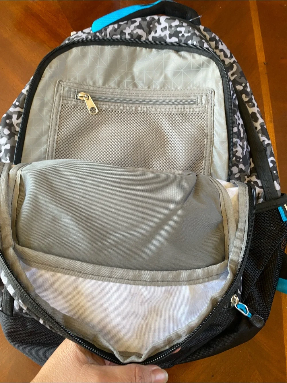 High Sierra Men’s Gray Camo Backpack with Blue Trim